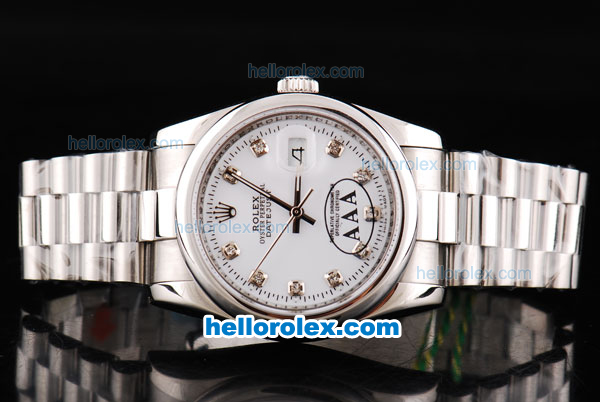Rolex Datejust Oyster Perpetual Swiss ETA 2836 Automatic Movement Silver Case with White Dial and Diamond Markers - Click Image to Close